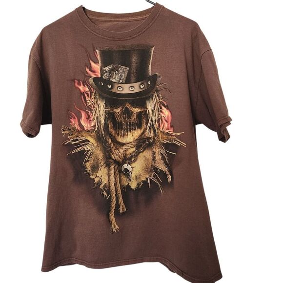 Unbranded Mens Brown Skull With Top Hat Graphic T-Shirt - Picture 1 of 3